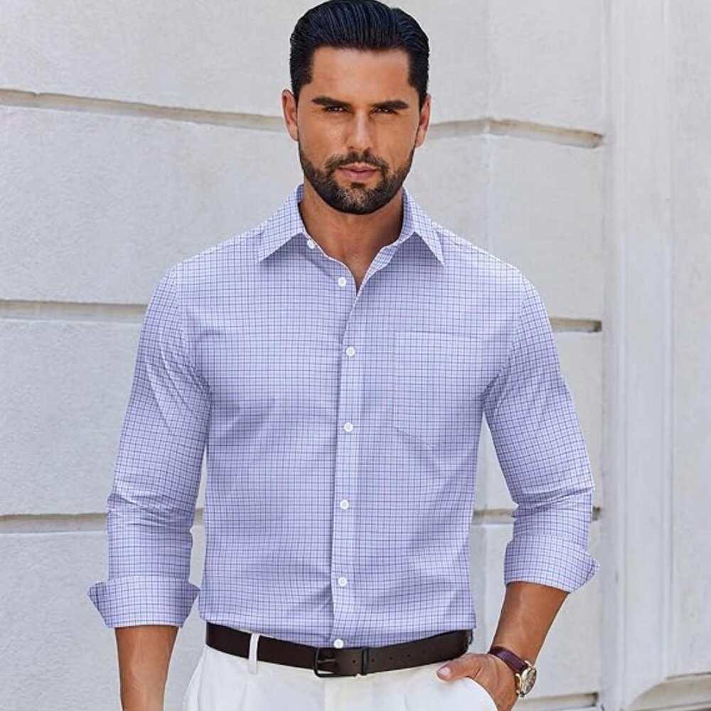 NEW! Mens Dress Shirts Long Sleeve Plaid Cotton Button Down Shirts Wrinkle Free